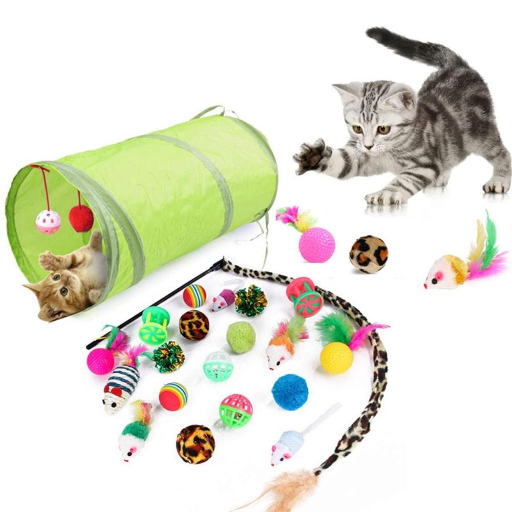 12/21PCS Playing Bulk Toy Pet Kitten Stick Mouse Collapsible Tunnel Feather Balls Cat Toys Set