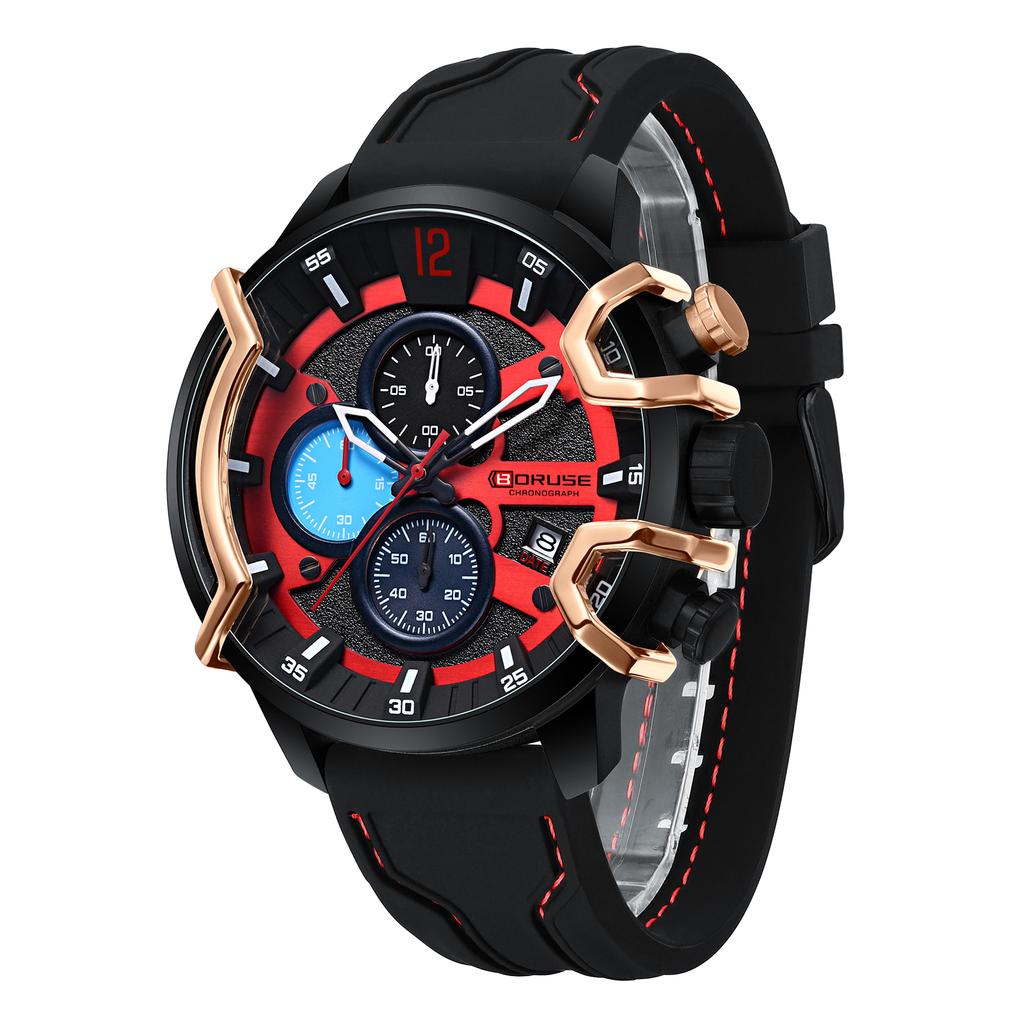 BORUSE Fashion Men's Watch Pointer Quartz Men's Watch Large Dial Men's Watch Calendar Men's Watch Silicone Strap Watch for Men