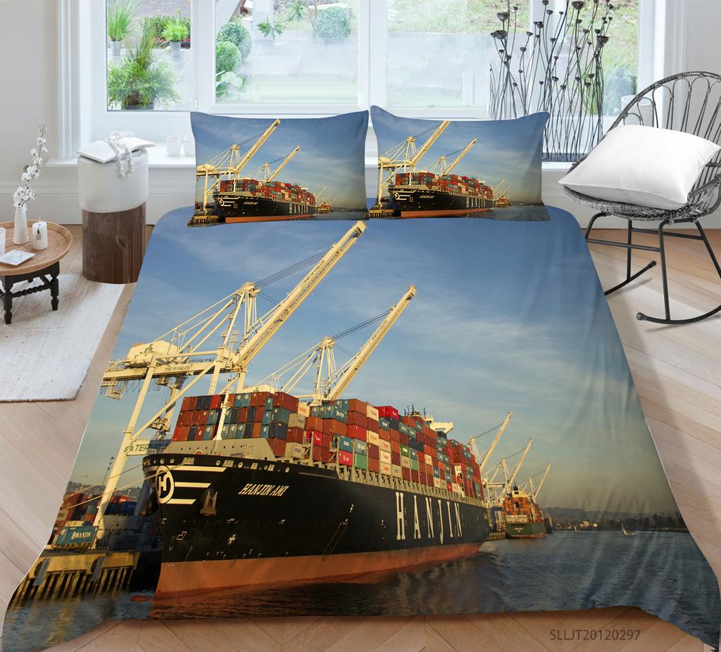 3D Ship Duvet Cover Set King Queen Size Large Freighter Container Print Bedding Set Blue Sea 2/3pcs Polyester Comforter Cover