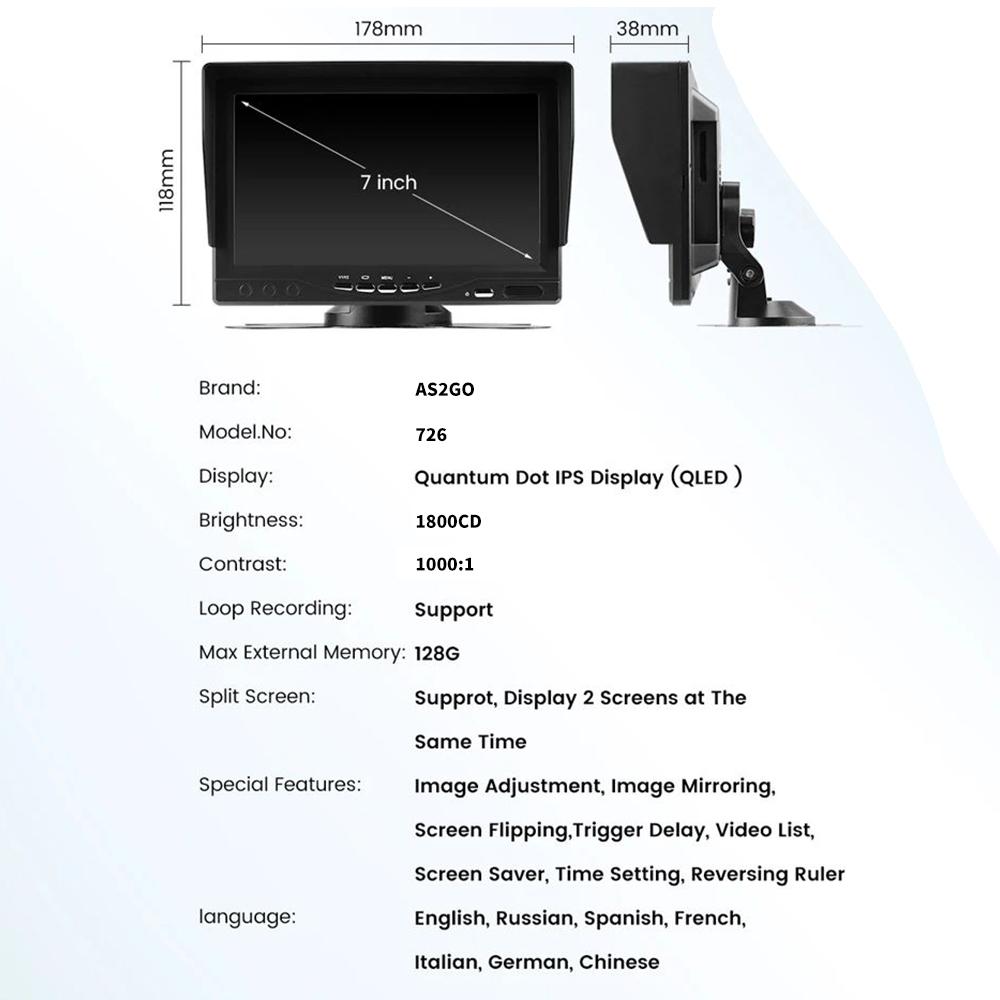 Автомобильный Грузовой Монитор Видеорегистратор 7-дюймовый QLED IPS Экран с Квантовыми Точками, Вход AHD 1080P, Циклическая Запись для Системы Наблюдения за Транспортным Средством