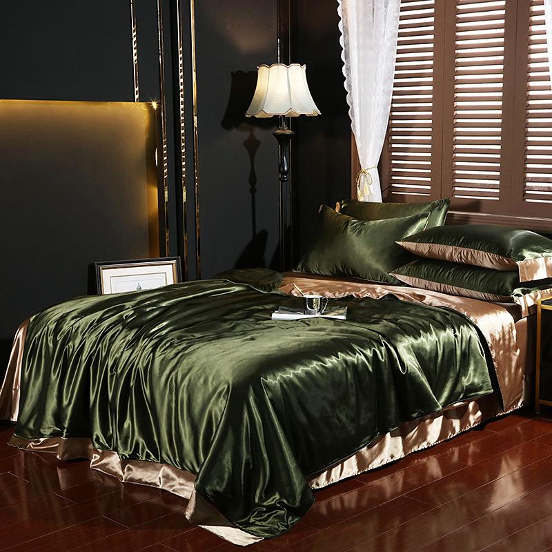 European Solid Color Mulberry Silk Bedding Sets Ice Silk Satin Cooling Bedclothes High Quality Skin-Friendly Smooth Duvet Kit