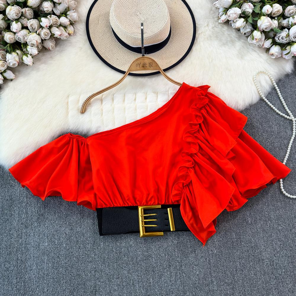 Шикарная блузка Blusas De Mujer с косым воротником и воланами, нерегулярная блузка Ins для женщин, однотонная, со складками на поясе, Camisas, летняя дропшиппинг