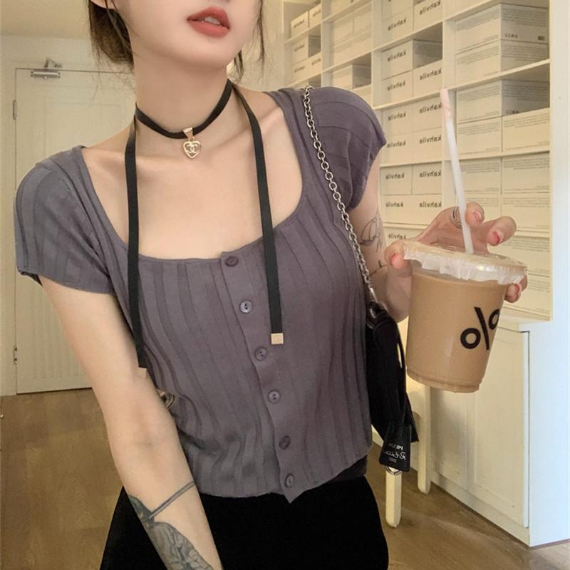 Универсальный большой U-образный вырез с короткими полосками на пуговицах, летний кардиган с короткими рукавами, облегающая женская повседневная базовая облегающая футболка-пуловер
