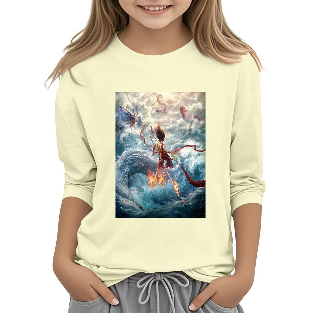 Топы с принтом для девочек 5-16 лет с круглым вырезом и рукавами 3/4 Футболки Модные топы Наряды Футболки