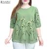 Women Casual Round Neck Lace Crochet Splice 3/4 Sleeve Loose Embroidery Blouse