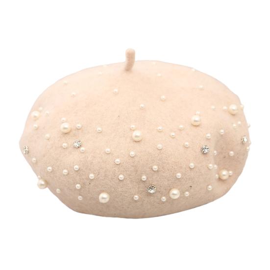 Yousheng Женский берет с искусственным жемчугом и стразами, винтажная шерстяная шляпа в английском стиле без полей, однотонная, с регулируемыми лямками, кепка-тыква