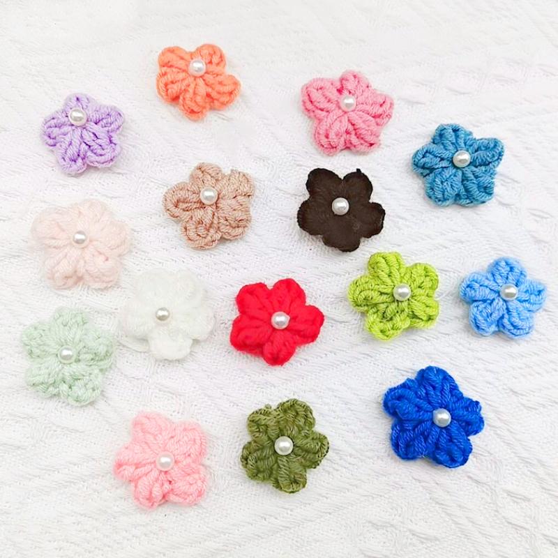 10PCS Puff Flower Head Knitted Hand Woven DIY Pearl Sweater Coat Decor Hairpin Headdress Accessories
