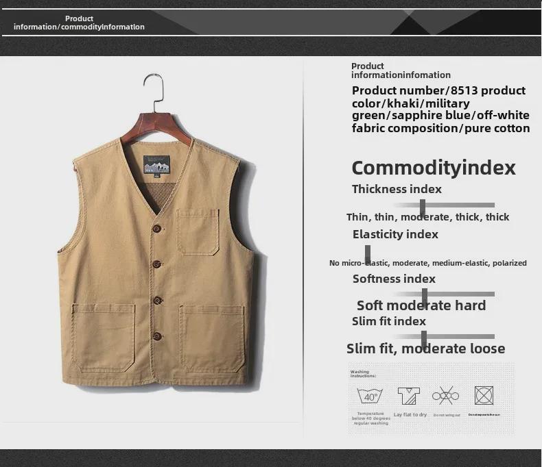 Extra Large Collarless Cotton Vest with Multiple Pockets for Spring/Autumn Outdoor Workwear