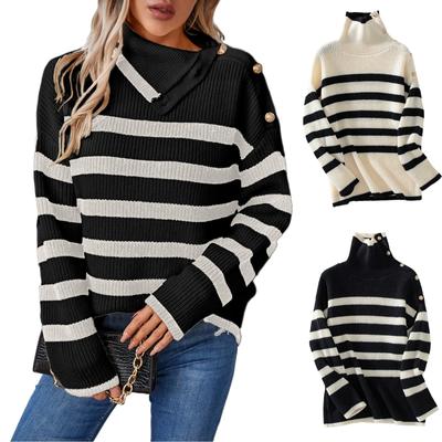 Женский повседневный полосатый свитер с длинными рукавами и лацканами на пуговицах