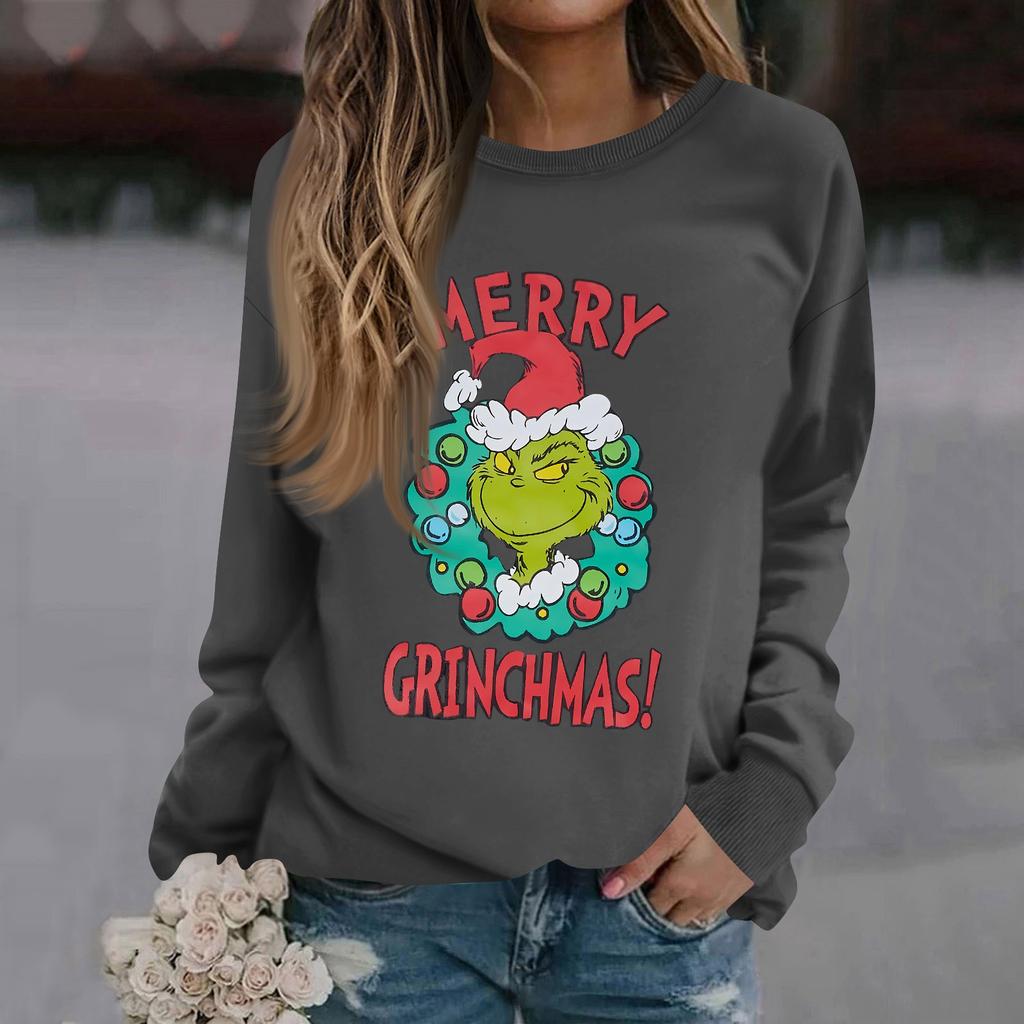 Женская модная повседневная толстовка с длинным рукавом, однотонная, с рождественским принтом, с круглым вырезом