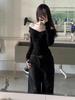 Slimming Long Sleeve Black Knit T-Shirt For Women - One-Piece Wrap Around Style With Low Cut - Ins Top Slimming Shape-Wear