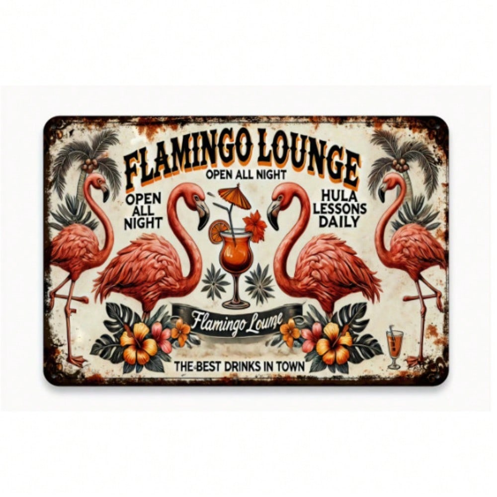 Vintage Flamingo Lounge Metal Sign, Retro Tropical Bar Decor, Tiki Style Man Cave Nightclub Wall Art Accent