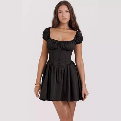 Летнее женское модное однотонное плиссированное платье длиной до колена с квадратным вырезом