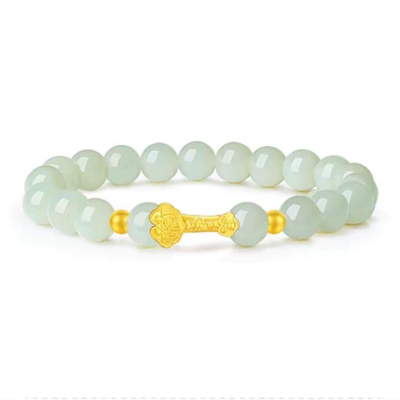 999 Pure Gold & Hetian Jade Women's Bracelet with Lotus, Seed Pod, Bamboo, and Lily of the Valley Design