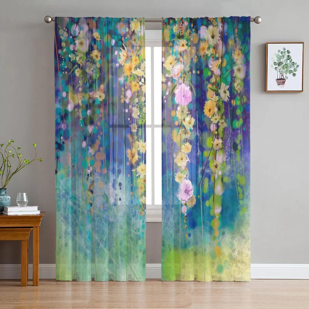 Watercolor Painting Flowers Leaves White Tulle Sheer Curtains for Living Room Bedroom Decor Window Curtain Voile Organza Drapes