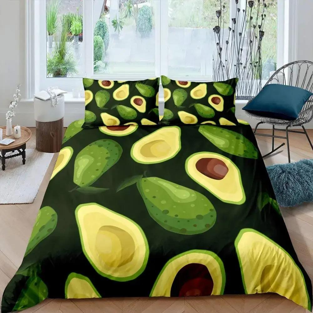 Fruit Duvet Cover Collection Cute Cartoon Avocado Decor 3 Piece Bedding Collection With 2 Pillow Shams Queen King Full Size Paprika Green