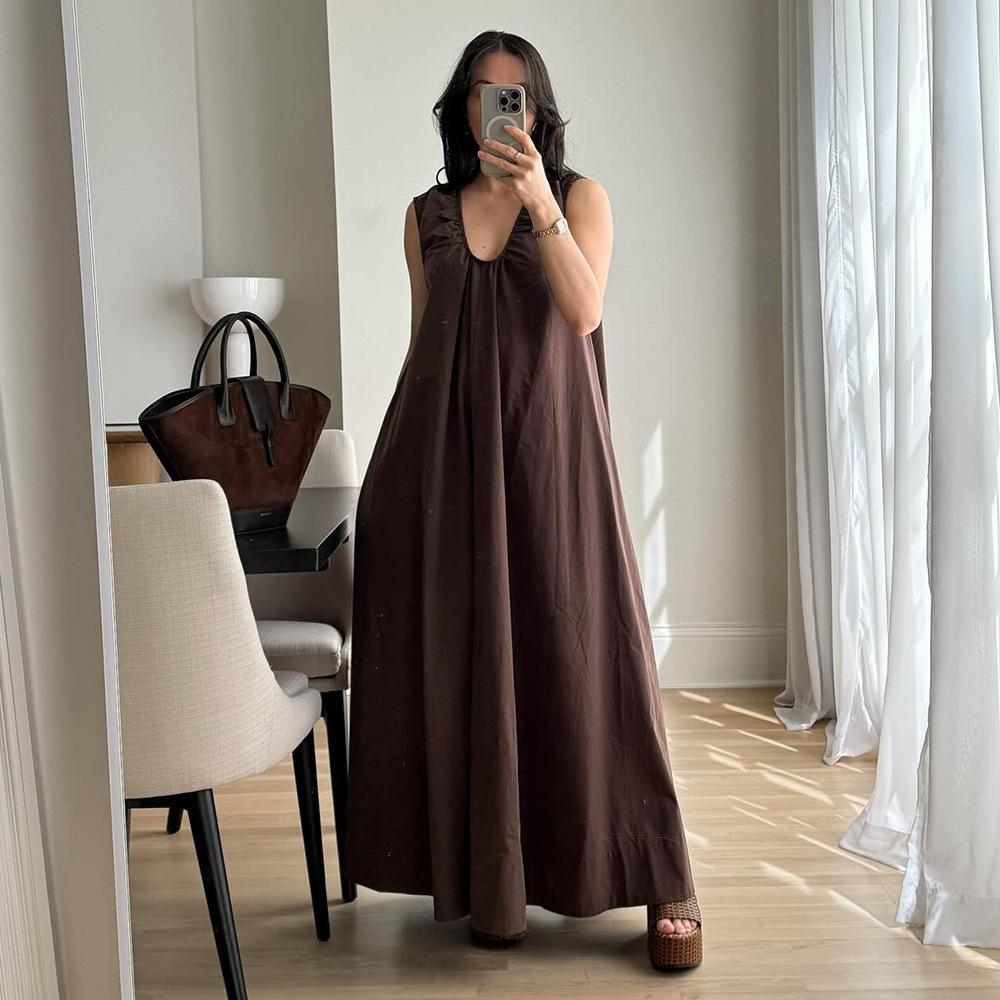 Летнее повседневное платье без рукавов, новое, европейского и американского стиля, из чистого хлопка, для отпуска, с U-образным вырезом, свободное, длинное