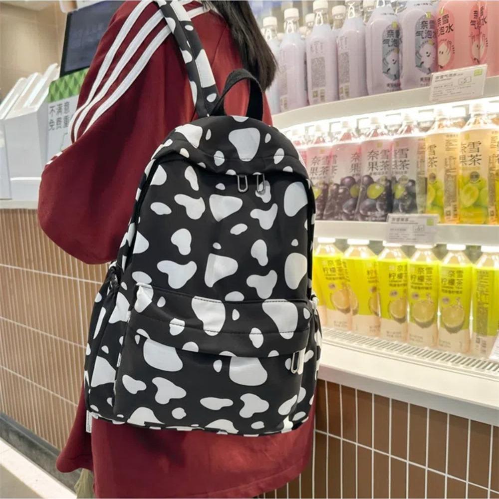Portable Cow Pattern Student Backpack Nylon Large Capacity Teenage Bookbag Wear Resistant Travel Backpack Students