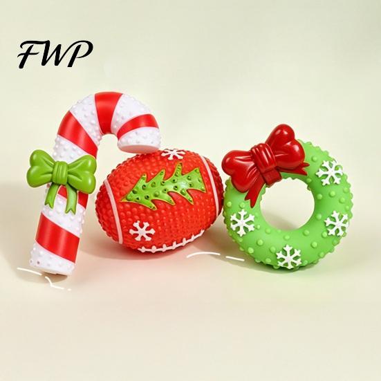 Non-Toxic Dog Chew Toys Christmas Squeaky Toys, Teeth Cleaning Interactive Pet Holiday Themed Balls with Candy Cane Wreath Shapes for Puppy