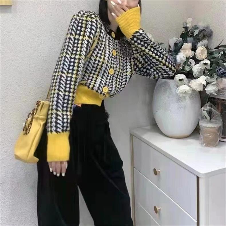 Кардиган женский осенний новый свободный вязаный кардиган с круглым вырезом в клетку «Тысяча птиц» с длинными рукавами, однобортный свитер, куртка