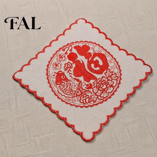 Traditional Paper Cut Embroidery 5Pcs Red Blessing Embroidered Doilies, Chinese Character Fabric Coaster, Square Decorative Holiday Gift for New Year