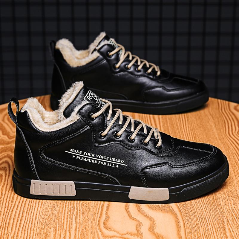 Теплые зимние трендовые мужские высокие хлопковые кроссовки для студентов, повседневная обувь для прогулок и бега, скейтборд, кожаные ботинки