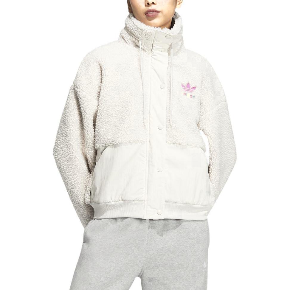 Adidas Originals Solid Color Embroidered Logo Zip-Up Stand Collar Jacket Women Jacket White HY1373