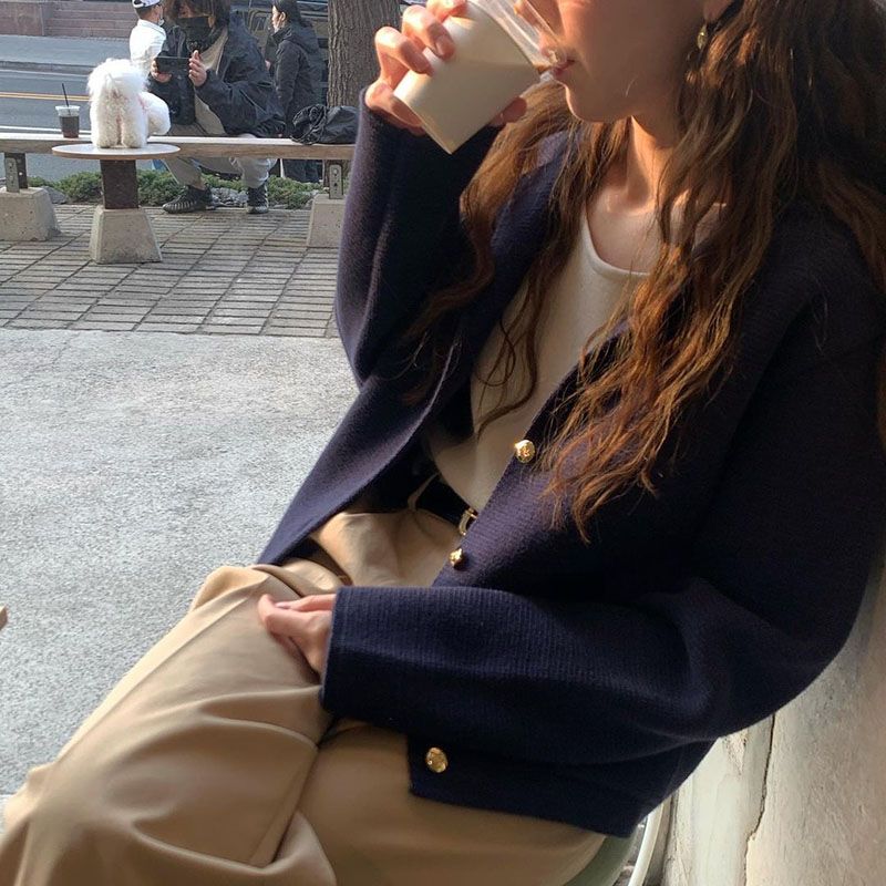 Корейский шикарный осенний свитер кардиган воротник однобортный свободный карман дизайн маленький длинный рукав вязаный свитер женский топы