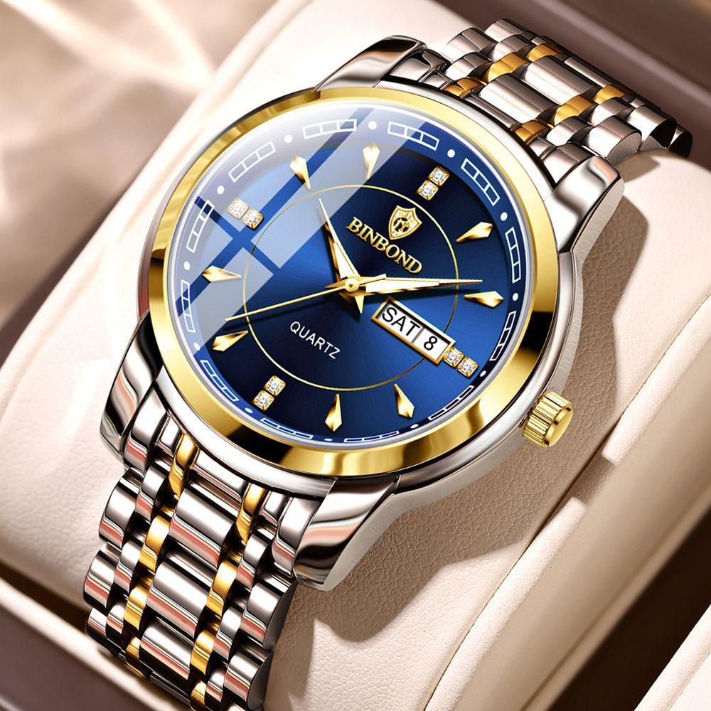 Мужские часы, модные золотые кварцевые часы для мужчин, нержавеющая сталь, водонепроницаемые, светящиеся наручные часы, дата, неделя