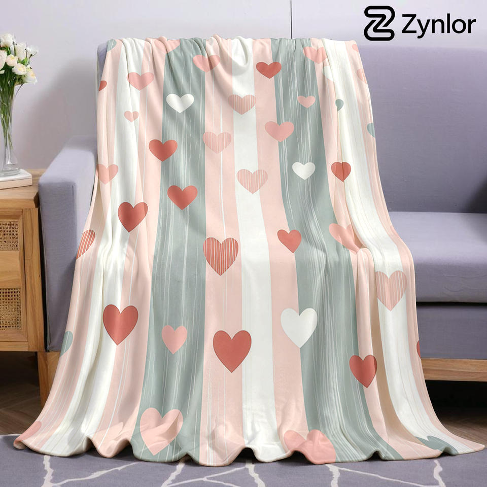 Hearts & Stripes Lightweight Microfiber Soft Christmas Fleece Blanket Warm Cozy Throw for Bed Sofa Office Travel All Season