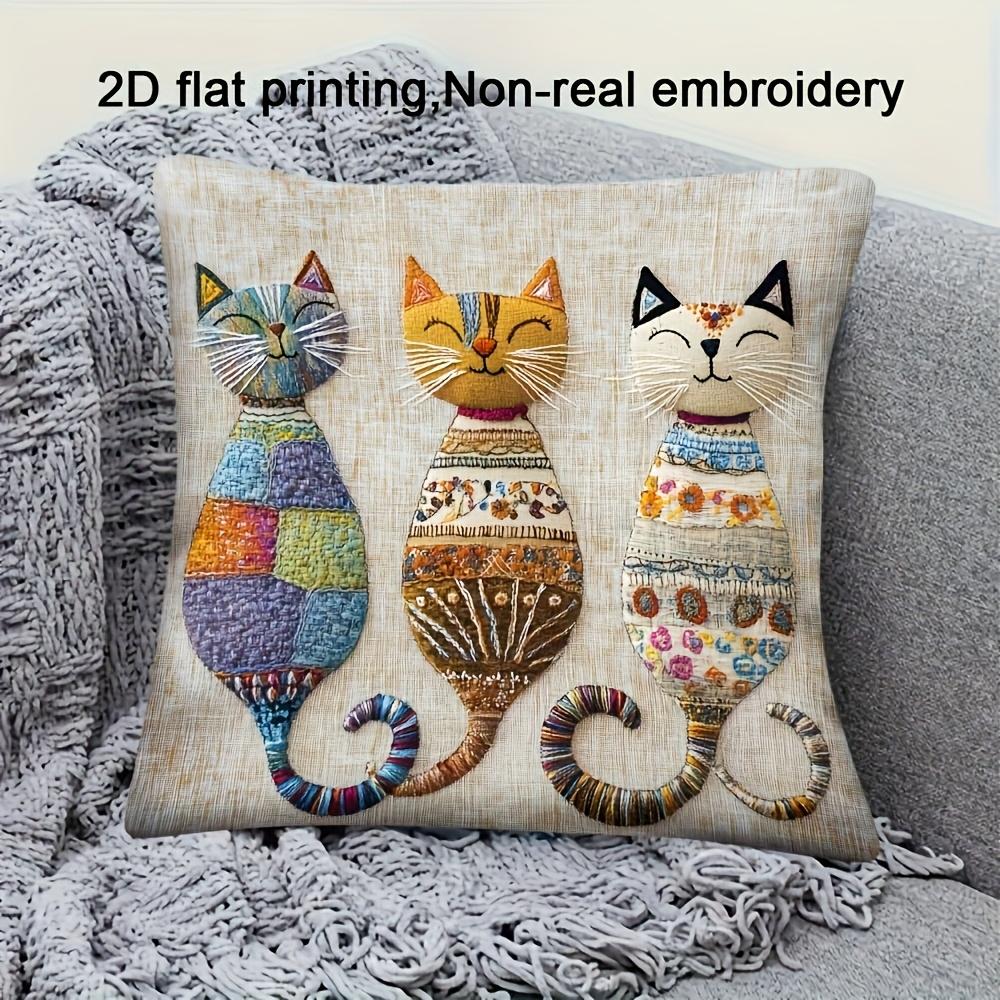 Colorful Three Cats Pillow Cover Boho Print Cushion Case Whimsical Cat Trio Cat Lover Sofa Living Room Gift