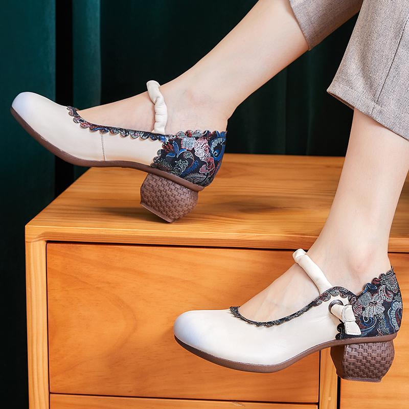 2024 весенние туфли из натуральной коровьей кожи с цветочным рисунком, женская обувь, элегантная модная обувь, женская обувь ручной работы в стиле ретро на высоком каблуке