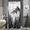 Dark Green Misty Pine Forest Shower Curtain, Mountain Foggy Woodland Scenery Tree Shower Curtains for Chic Rustic Bathroom
