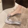 Прозрачные хрустальные шлепанцы на толстом каблуке с феей, летние новые сандалии с бантом и квадратным носком