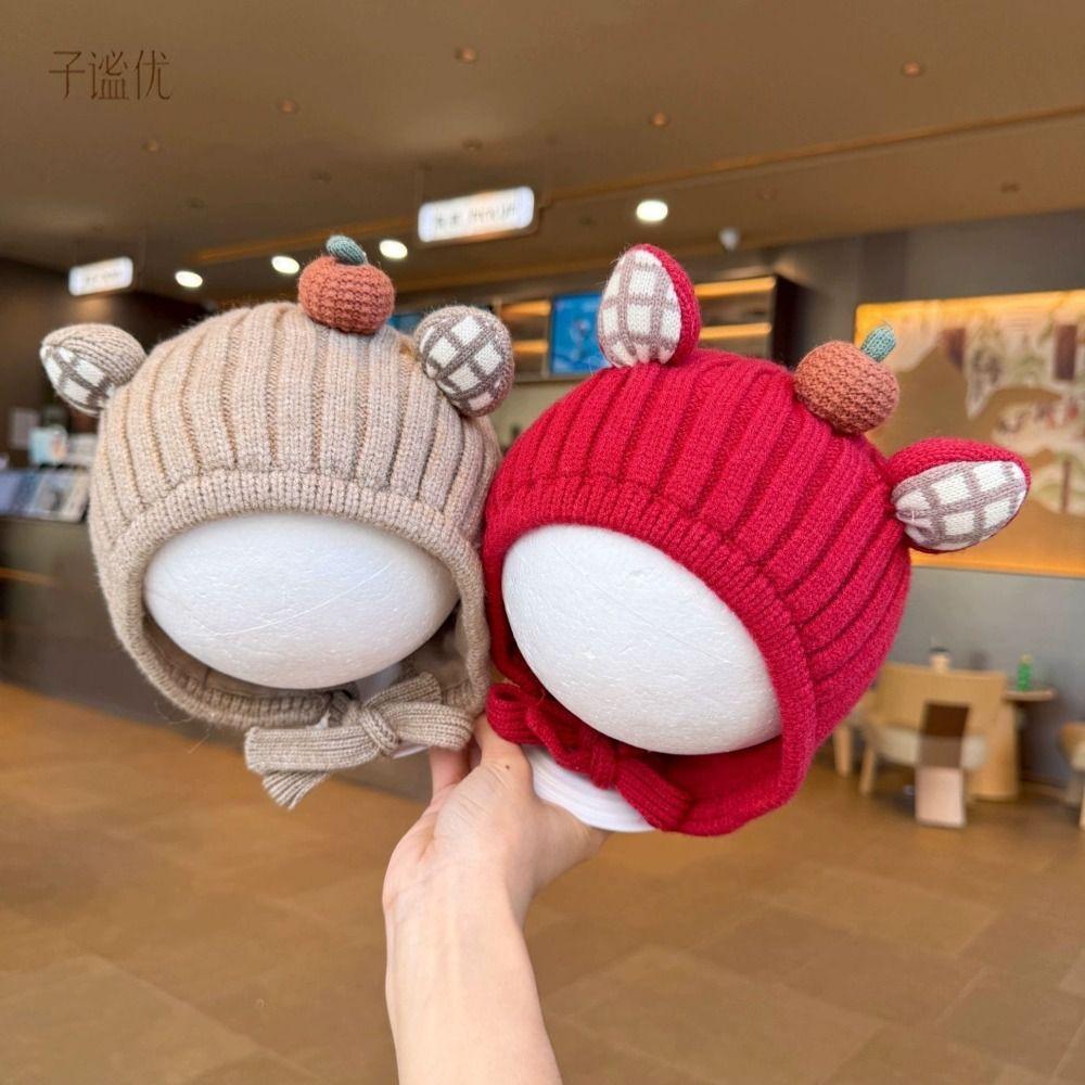 with Plaid Ear Details Infant Knit Hat Cold Protection Baby Bonnet Infant Outdoor Use