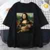 Funny Mona Lisa and Cat Printed T-Shirt for Summer T Shirt Loose Breathable Clothing Street Fashion Casual Tees