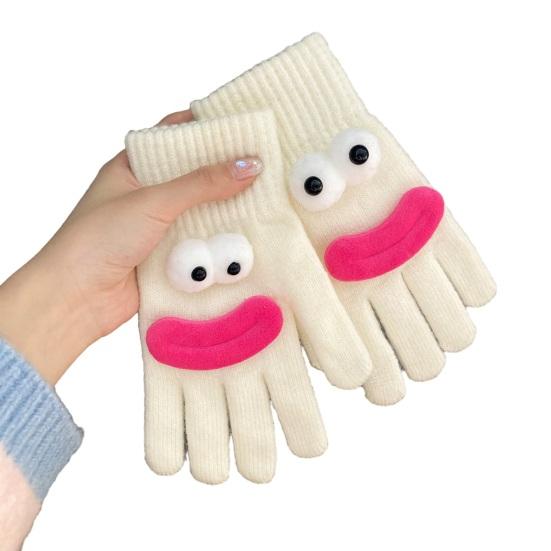 Забавные мультяшные вязаные перчатки, милые перчатки с большими глазами, теплые перчатки, зимние ребристые перчатки с сенсорным экраном для вождения, поездок на работу, езды на велосипеде, повседневных дел
