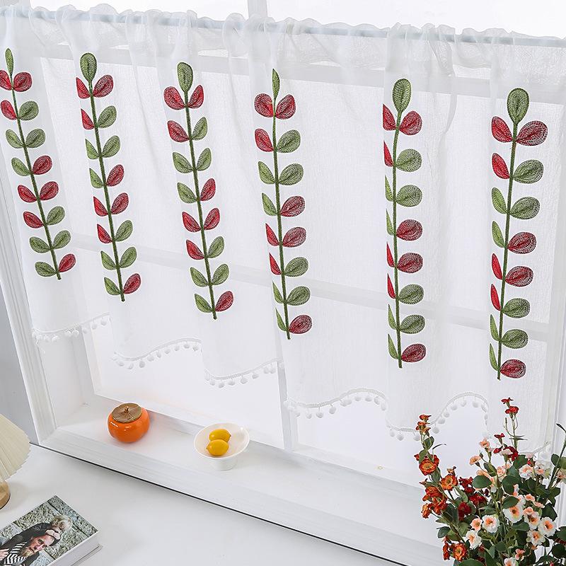 1pc Colorful Leaf Embroidered Sheer Curtain Valance with Pom Pom Trim - Short Rod Pocket Kitchen Cafe Window Curtain