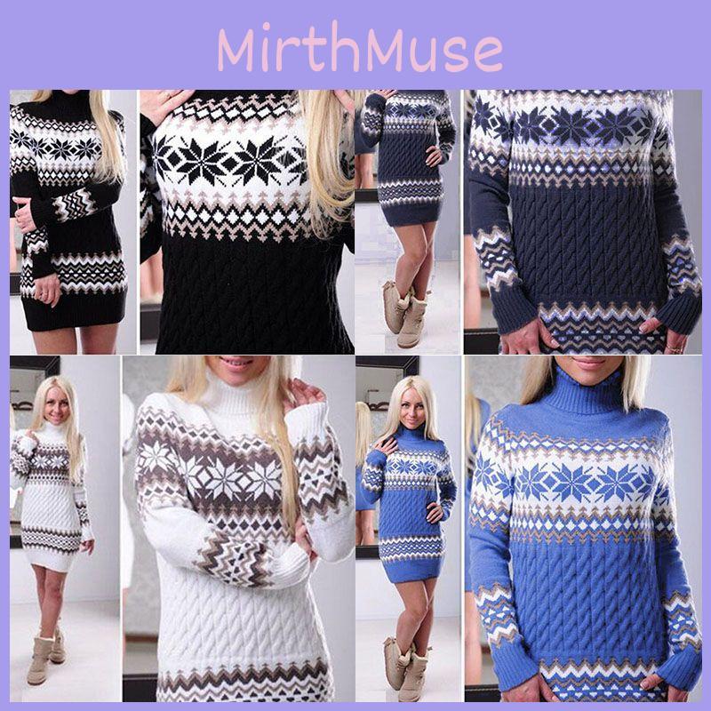 Элегантное рождественское женское платье-свитер с высоким воротом и праздничным узором «снежинки»