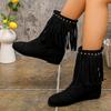 Women Retro Winter Western Fringe Moccasin Classic Tassel Cowboy Ankle Booties Low Heels Suede Boots
