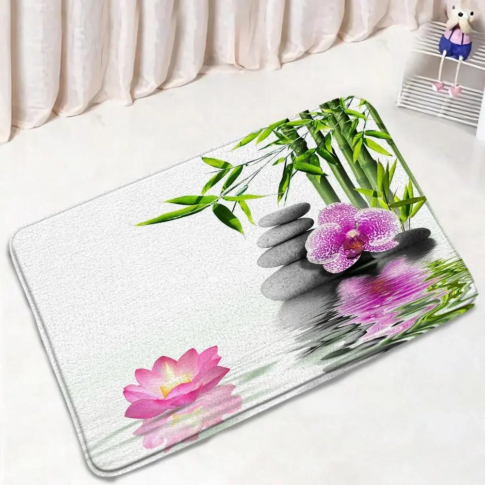 Zen Green Bamboo Bath Mat Set Natural Orchid Flower Black Stone Plant Home Carpet Bathroom Decorative Floor Rug Toilet Lid Cover