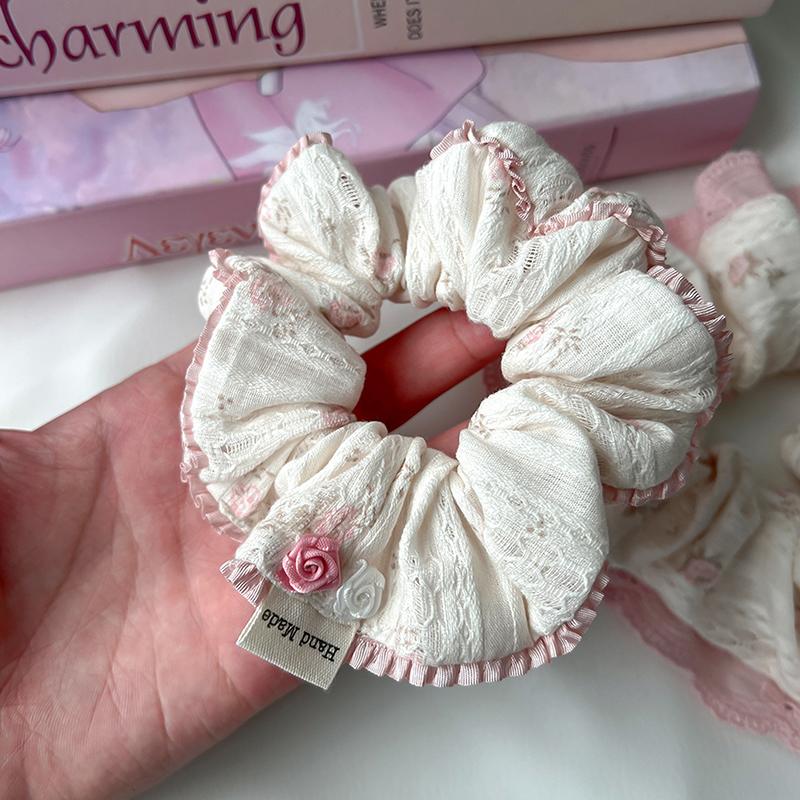French Sweet Lace Trim Fabric Scrunchies Ponytail Holder Hair Ties Flower Elastic Hair Rope For Women Girls Hair Accessories