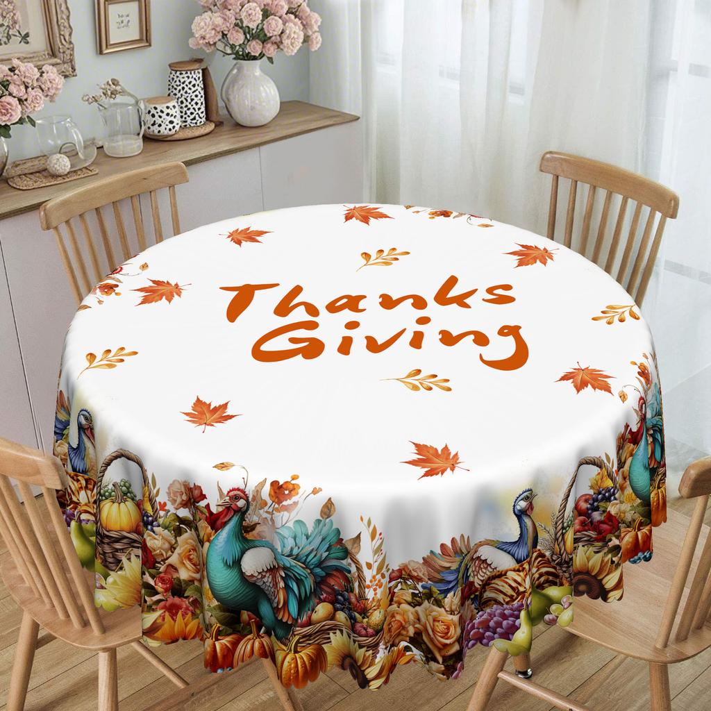 1 Piece, Thanksgiving Tablecloth, Autumn Harvest Turkey Round Tablecloth, Pumpkin Maple Leaf Pattern, Autumn Decoration.