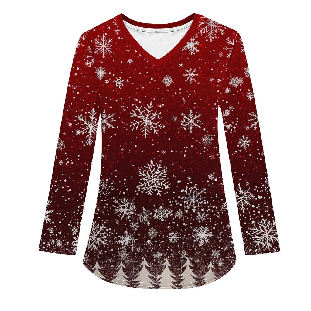 Женская модная рабочая одежда с V-образным вырезом, длинным рукавом и карманом, рождественский принт, футболка, топ