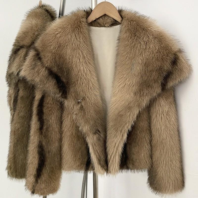 Womens Short Faux Fox Fur Coat Oversized Collar Fall Winter Elegant Outerwear