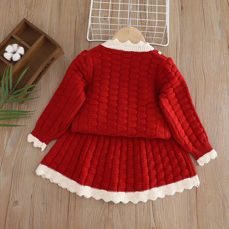 Autumn and Winter New Girls' Knitted Sweater Set, Children's Cardigan Two-piece Set, Top Half Skirt Cartoon Rabbit Red