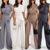 Women's Asymmetric Off Shoulder Top with Wide Leg Pants Set In Soft Colors