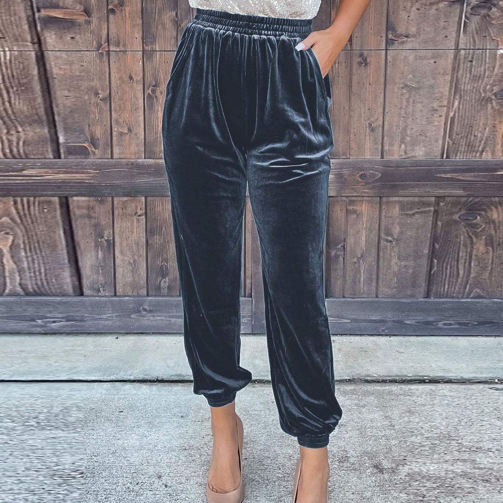 Women's Ladies Gold Velvet Trousers Straight Trousers Elastic Waist Casual Pants