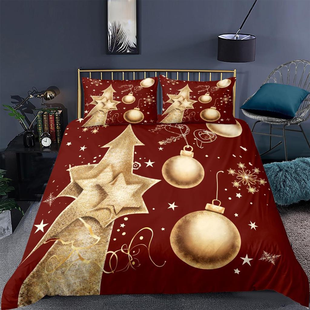 Christmas Element Bow Bell Three-Piece Quilt Cover 3D Digital Printing Bedding Set Bed Cover