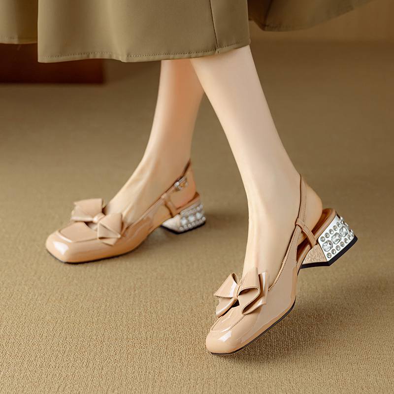 Krazing Pot Овчина Коровья кожа Летний Размер 40 Средний каблук Украшение бантиком Квадратный носок Слингбэк Свадебные туфли-лодочки
